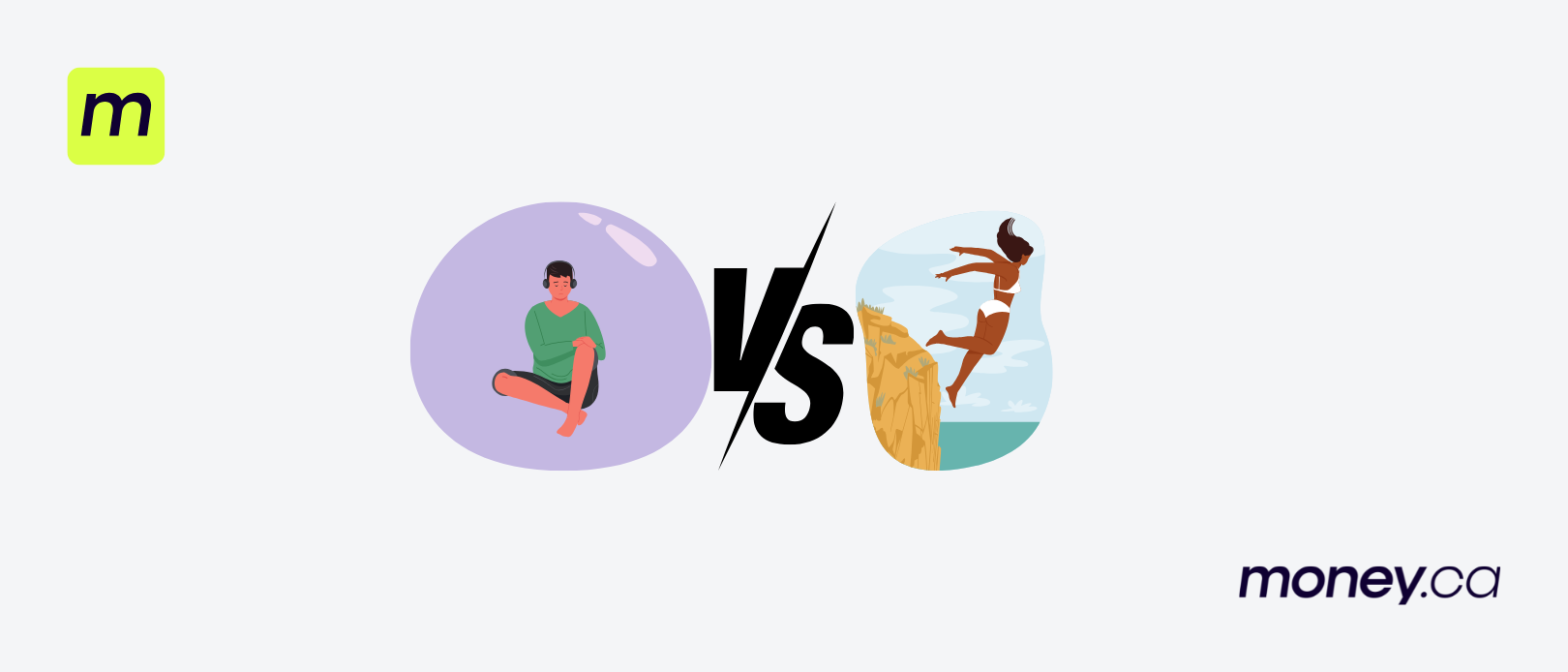 Man sitting in a bubble with headphones on vs. a woman in a bikini jumping off a cliff